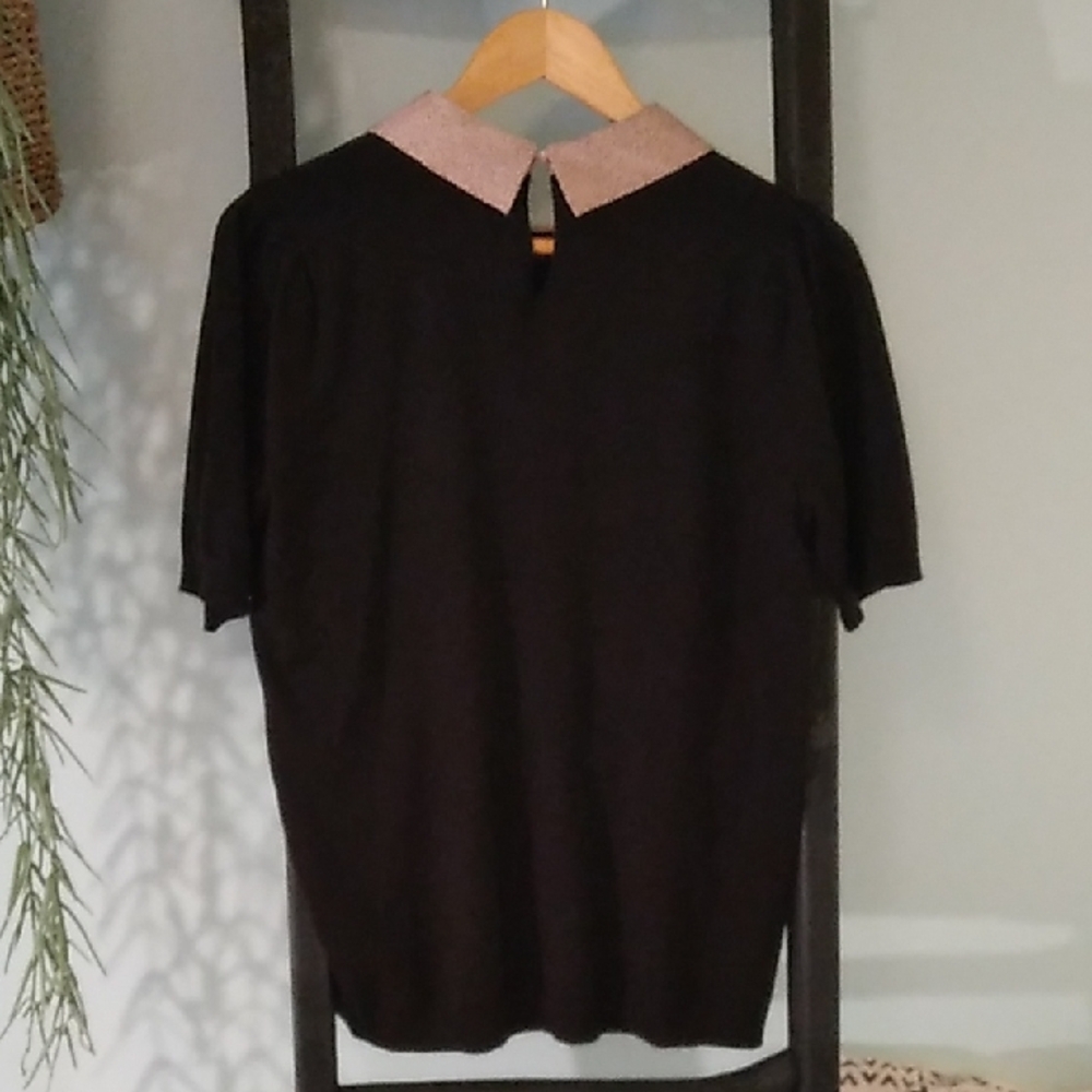 Adrianna Papell Hammered Satin Collar Thin Knit Sweater Shirt - Picture 3 of 9